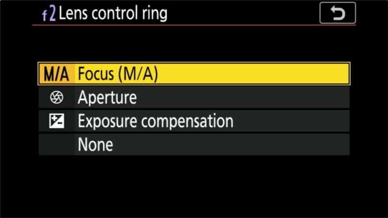 Nikon f2 Lens control ring menu listing Focus, Aperture, Exposure compensation, and None options