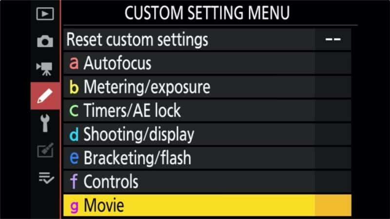 Nikon custom setting menu with the g Movie option highlighted in yellow