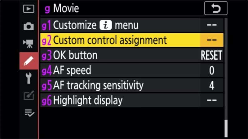 Nikon Movie submenu showing g2 Custom control assignment highlighted