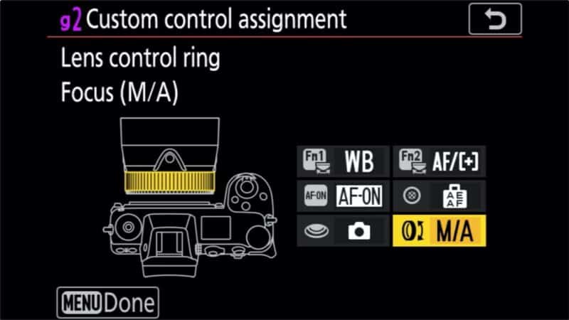 Nikon g2 Custom control assignment screen for video with lens control ring set to Focus M/A