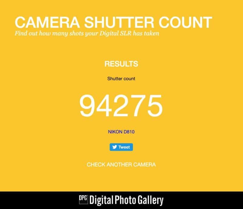 Camera Shutter Count website results page displaying a Nikon D810's shutter count of 94275