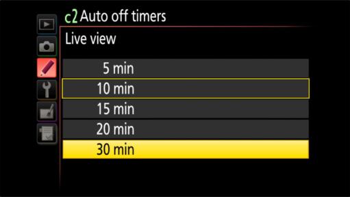 Nikon D5600 Live View Auto Off Timer