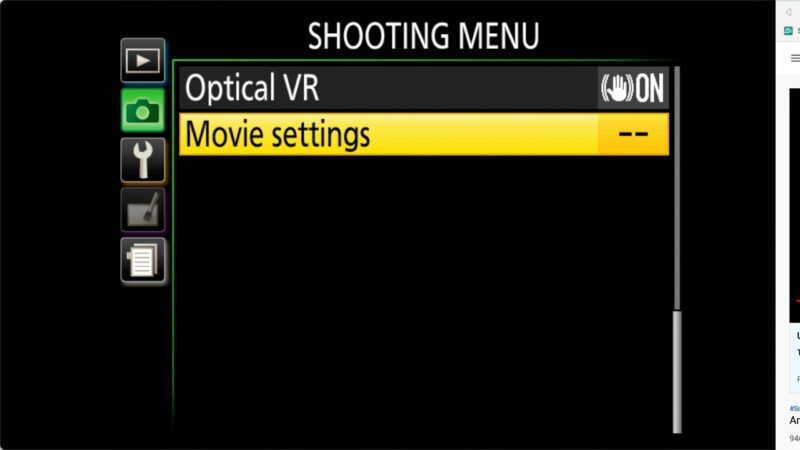 Nikon D3500 Shooting Menu with Movie settings highlighted in yellow beneath the Optical VR option set to On