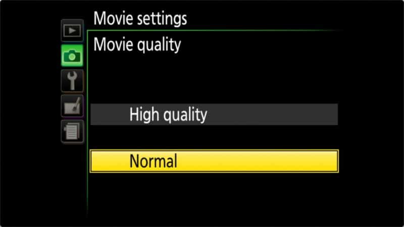 Nikon D3500 Movie quality menu offering High quality and Normal, with Normal highlighted in yellow