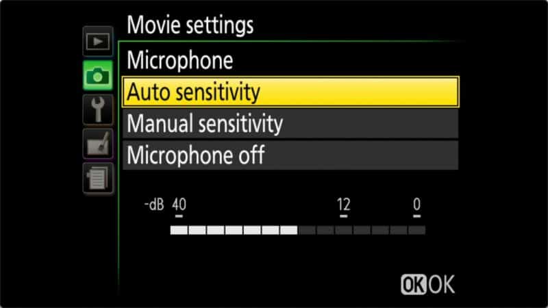 Nikon D3500 Movie settings Microphone menu with Auto sensitivity highlighted and a decibel level meter below