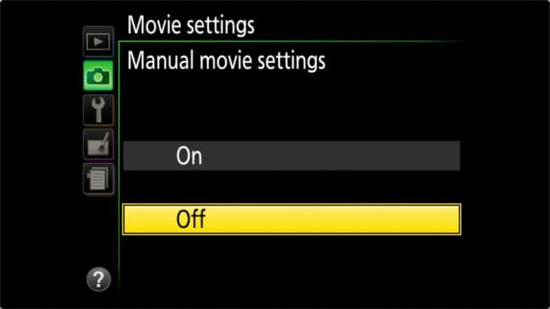 Nikon D3500 Manual movie settings menu showing On and Off choices, with Off highlighted in yellow