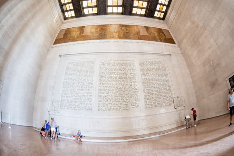 Wide interior view of the inscribed Gettysburg Address wall inside the Lincoln Memorial