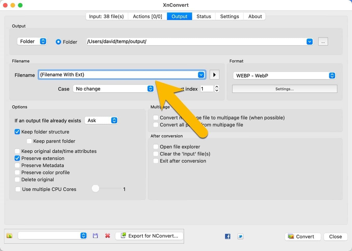 Screenshot of XnConvert converting JPG files to WebP
