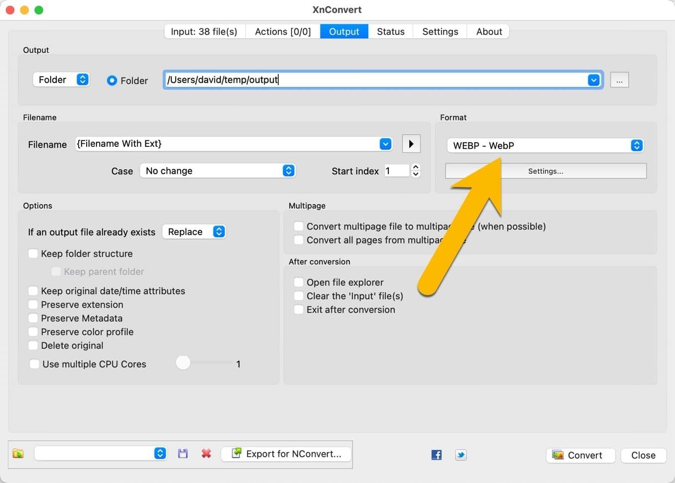 Screenshot of XnConvert converting JPG files to WebP