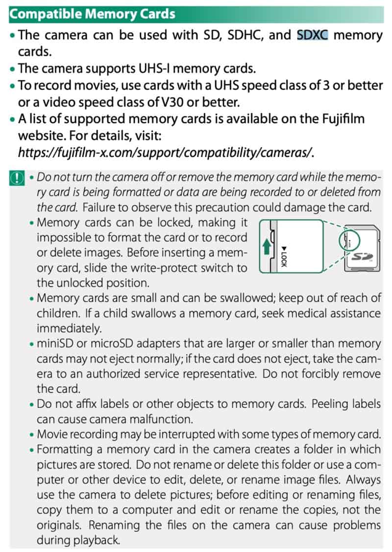 Scan of a page in the Fujifilm X-E4 instruction manual focusing on memory card guidance
