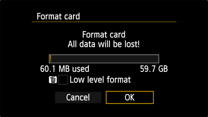 Canon Rebel T7 Format SD Card Warning