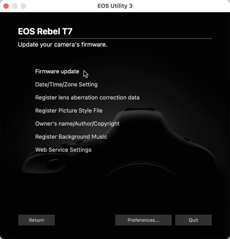 Canon Rebel T7 Update Firmware Menu in EOS Utility