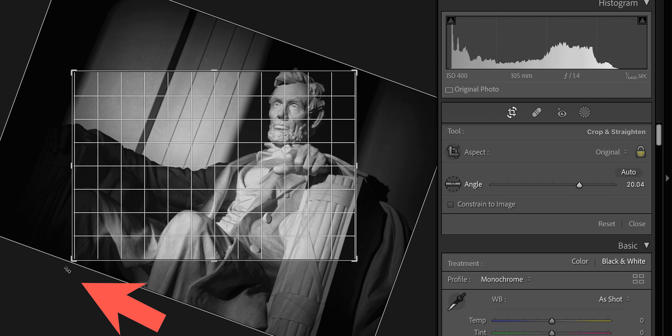 Screenshot of how to use Lightroom Classic's image rotation tools