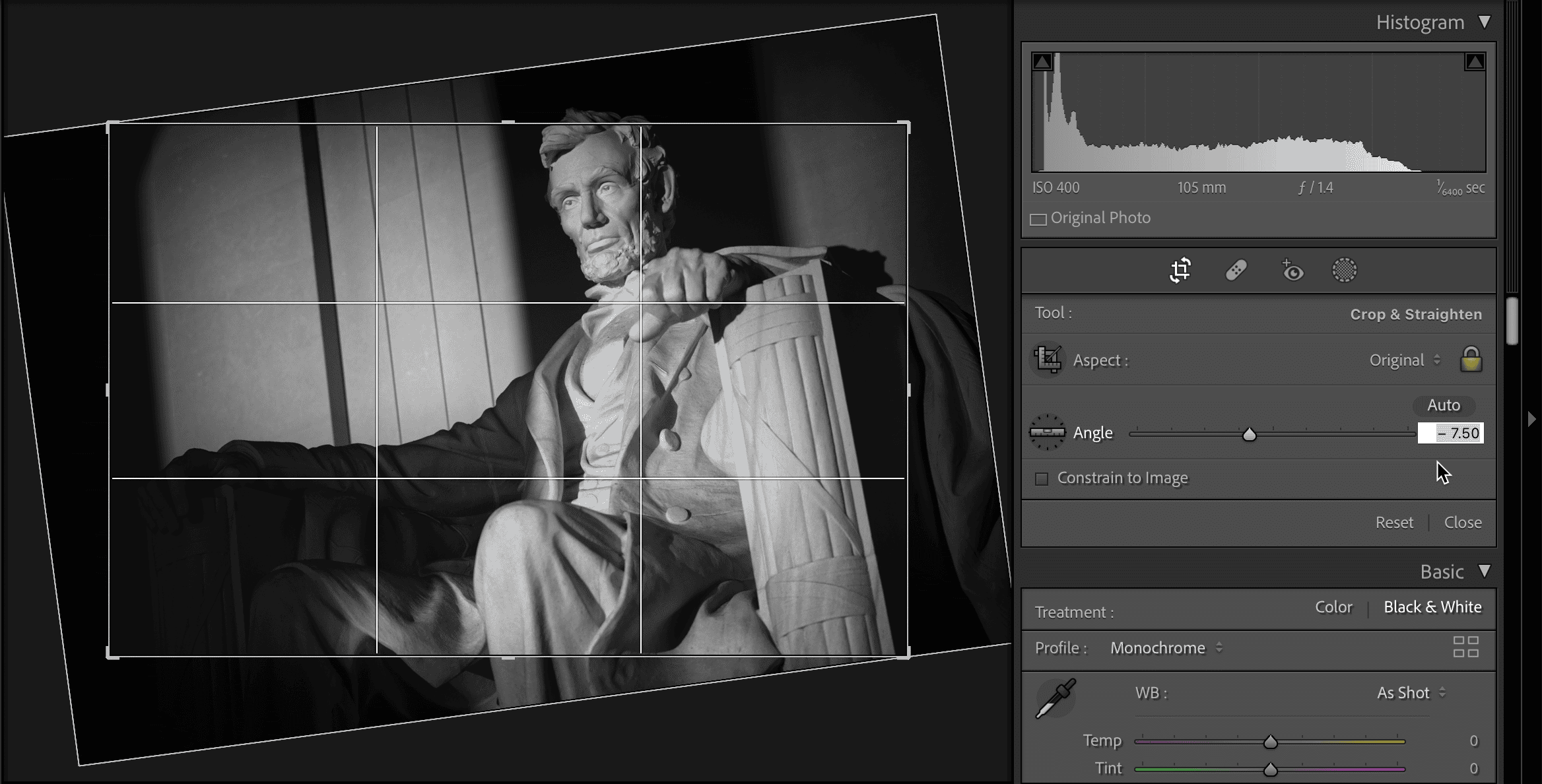 Screenshot of how to use Lightroom Classic's image rotation tools