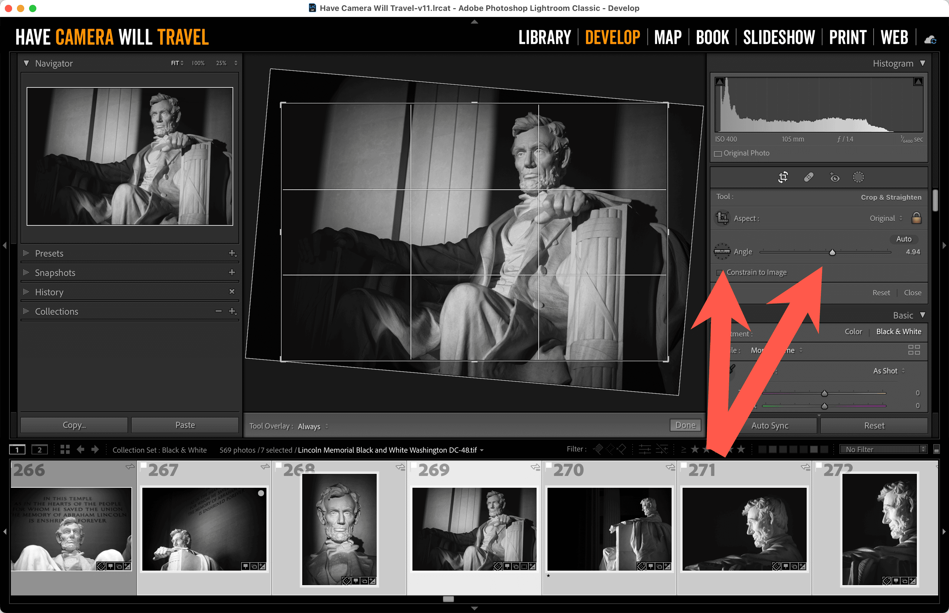 Screenshot of how to use Lightroom Classic's image rotation tools