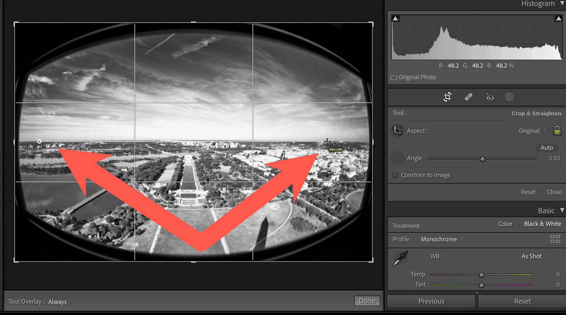 Screenshot of how to use Lightroom Classic's image rotation tools