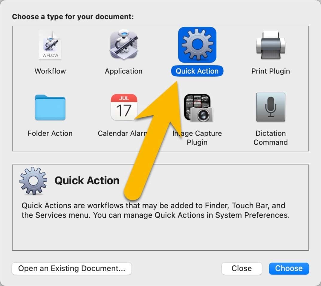 Screenshot: Mac Automator Resize Image - Choose Quick Action
