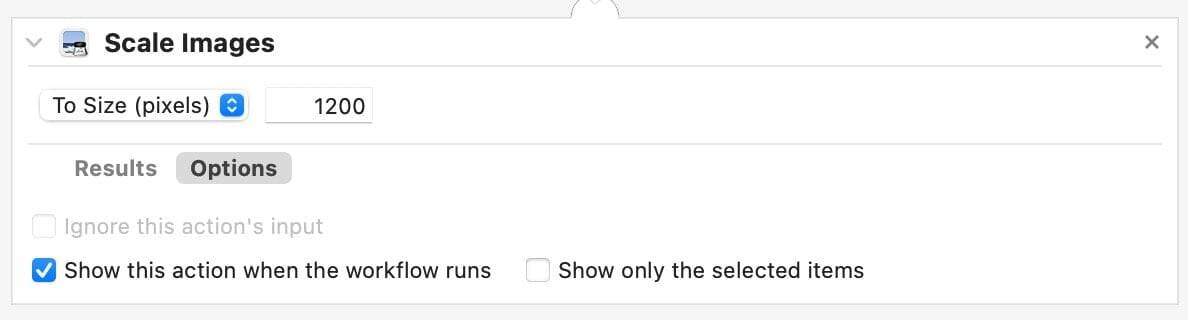 Screenshot: macOS Automator Scale Images Show this Action When the Workflow Runs