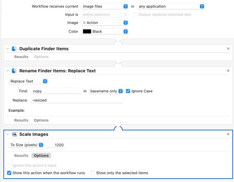 macOS Automator Resize Images with Duplicate Files