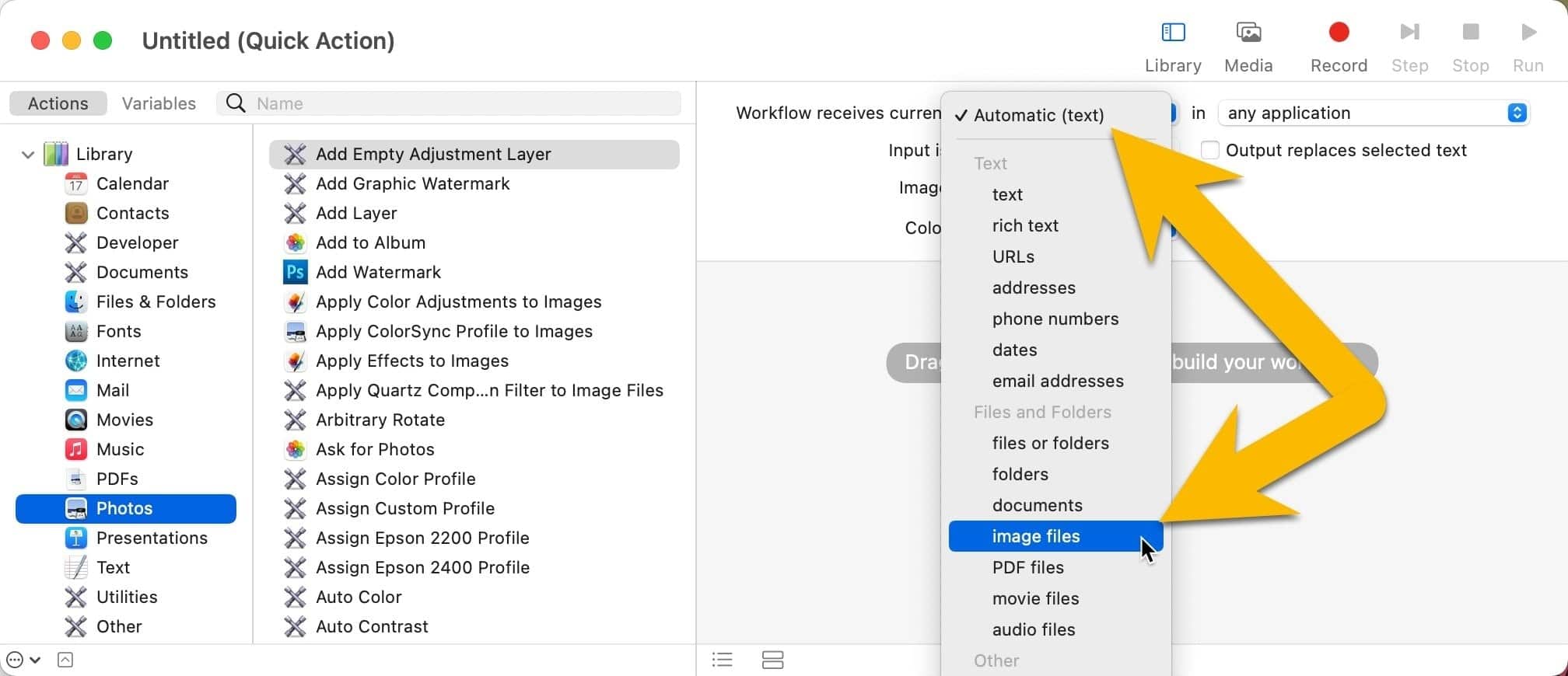 Screenshot - Mac Automator Resize Image - Choose Image Files option