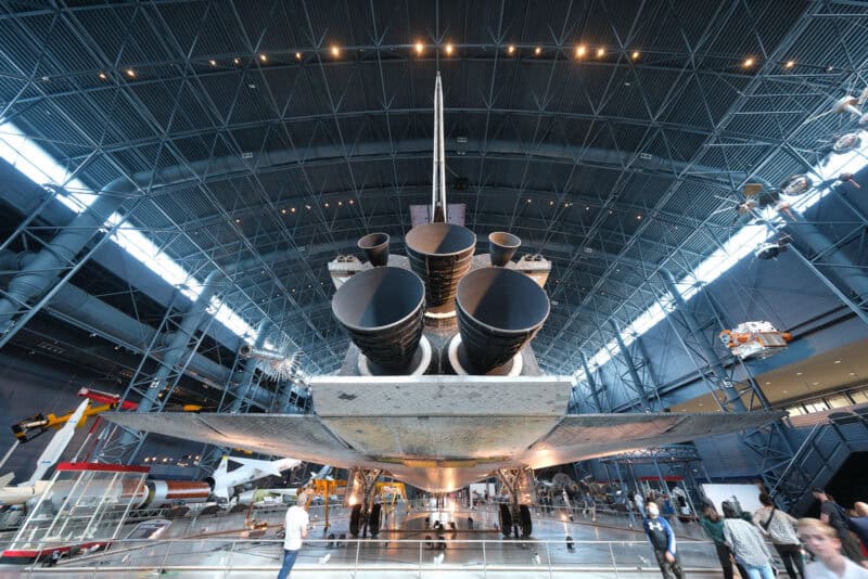 Wide-angle shot of a space shuttle's tail engines in an aviation museum hangar, ISO 250 sample