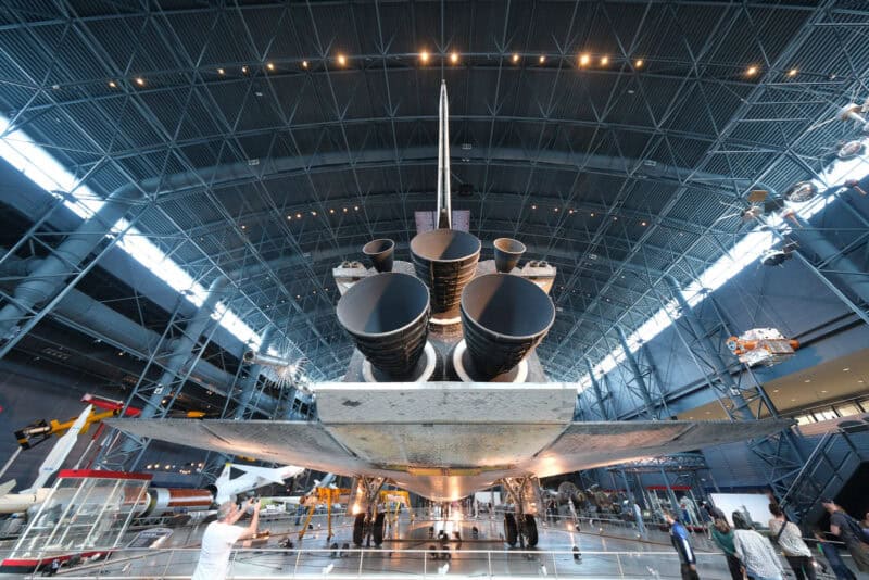 Space shuttle tail section with engine nozzles photographed in a hangar, ISO 800 test image