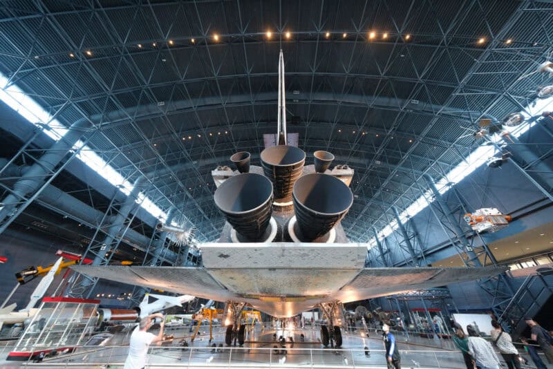Space shuttle's rear engines and tail viewed from below in the Udvar-Hazy hangar, ISO 1250 test shot