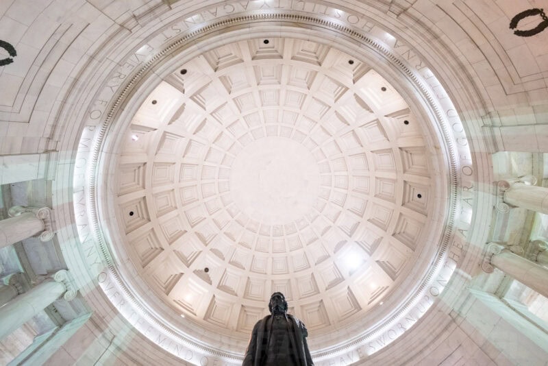 Coffered dome ceiling of the Jefferson Memorial viewed from beneath the statue