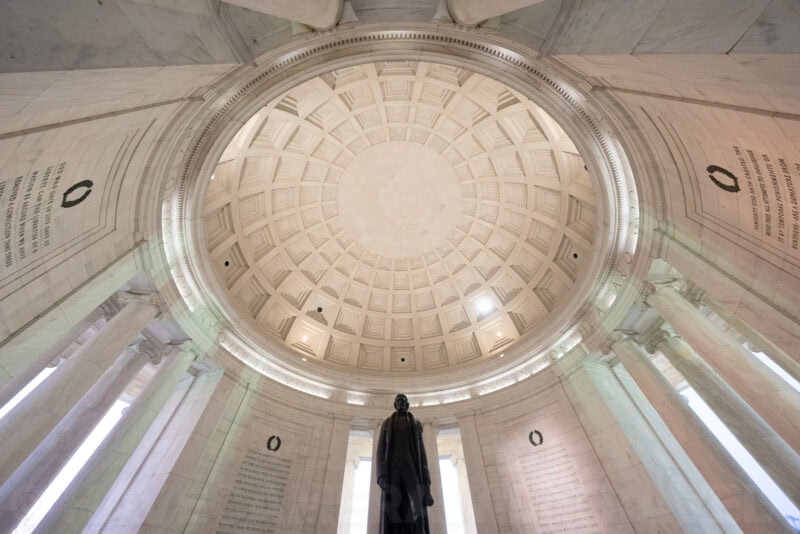Coffered dome ceiling of the Jefferson Memorial rotunda above the bronze statue of Jefferson