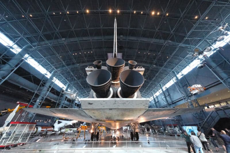 Space shuttle's rear engines and tail fin photographed from below, ISO 25600 sample with heavy grain