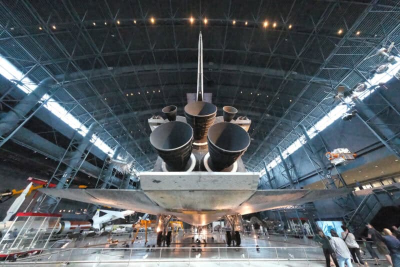 Space shuttle's rear engine nozzles viewed from below inside the Udvar-Hazy air and space museum hangar