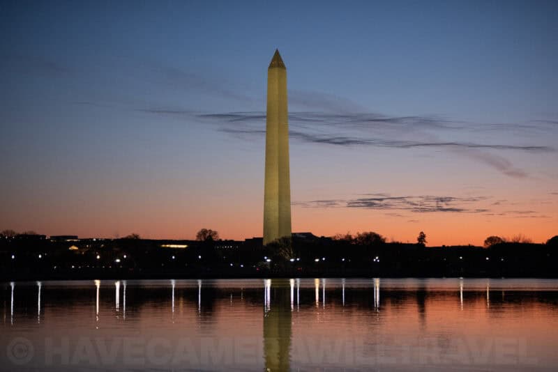 Washington Monument silhouette under a deep blue evening sky, Fujifilm X-T5 ISO 1600 sample photo