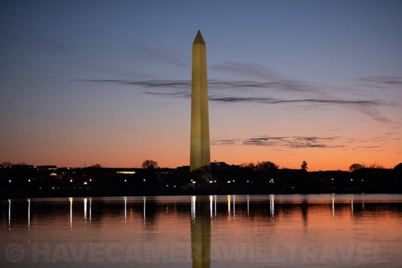 Washington Monument silhouetted at sunset with tidal basin reflection, Fujifilm X-T5 ISO 64 test shot