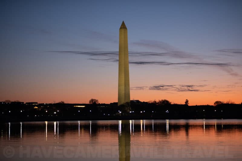 Washington Monument obelisk with streetlight reflections on the tidal basin, Fujifilm X-T5 ISO 160 test image