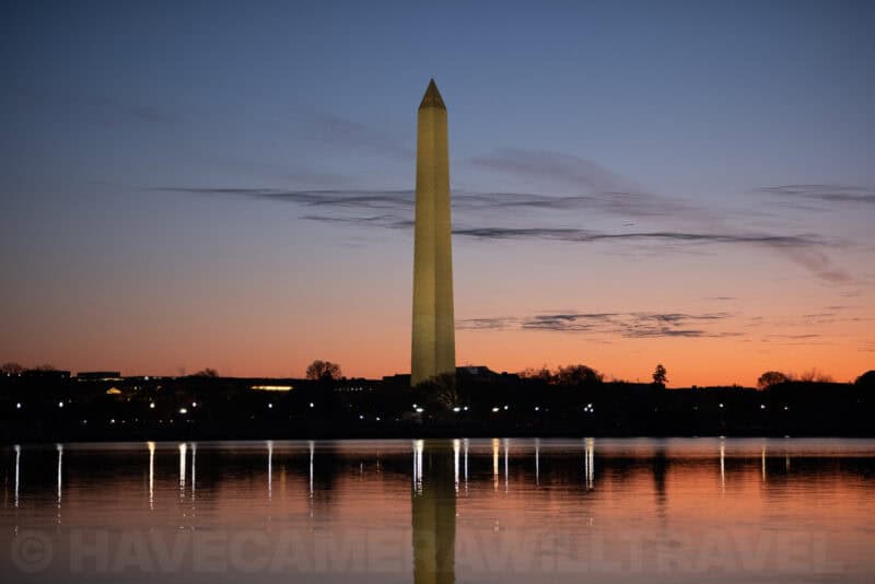 Washington Monument reflected in still water at dusk, Fujifilm X-T5 ISO 320 sample image