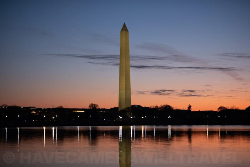 Washington Monument obelisk lit by fading sunset glow, Fujifilm X-T5 ISO 400 test photo