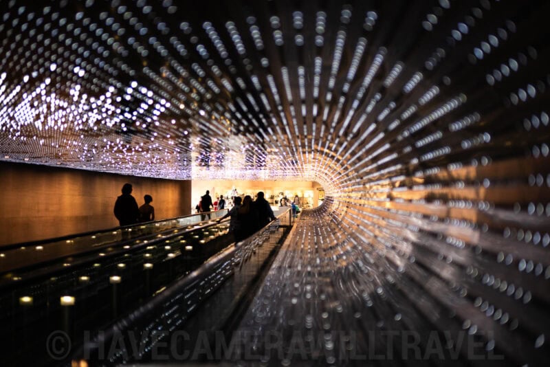 Visitors silhouetted inside a sparkling illuminated tunnel art installation
