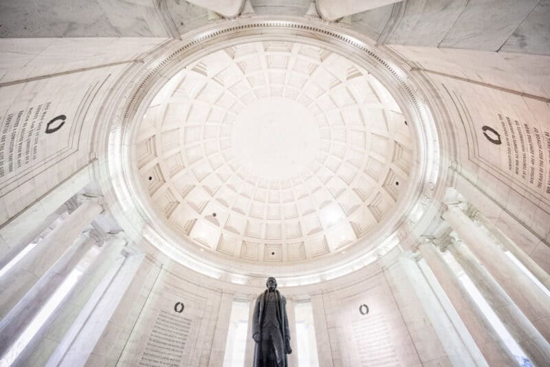 Jefferson Memorial interior dome and statue of Thomas Jefferson viewed from below