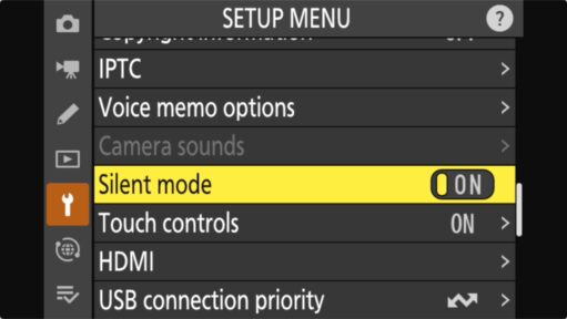 Screenshot of Nikon Z8 Menu Setting - Silent Mode ON