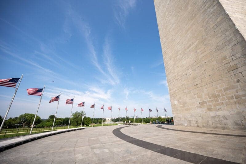 Washington Monument's stone base with a row of American flags waving against a blue sky
