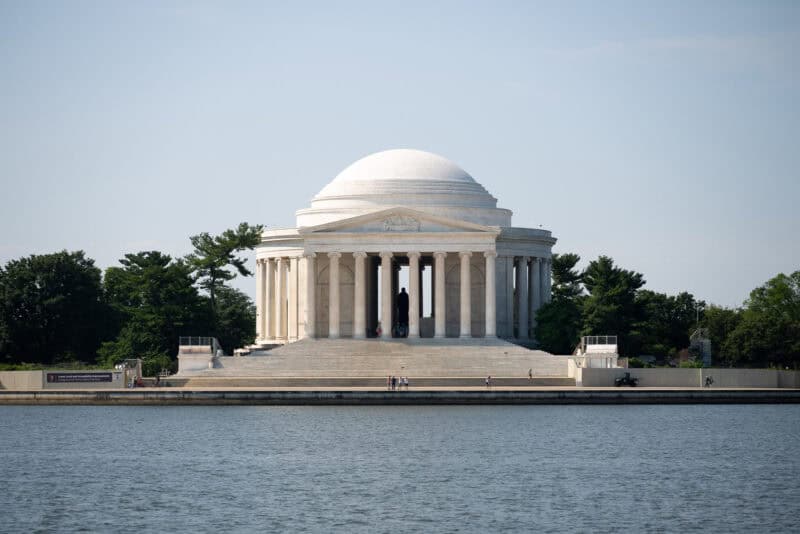 Jefferson Memorial's domed rotunda and columned portico seen across the Tidal Basin