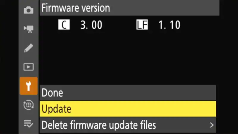 Nikon Z8 firmware version screen with LF 1.10 and Update option highlighted in yellow