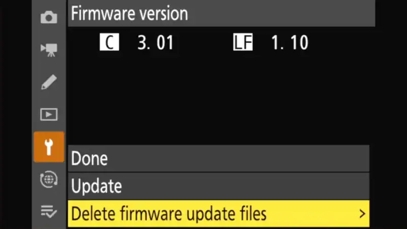 Nikon Z8 firmware screen showing C 3.01 with Delete firmware update files highlighted