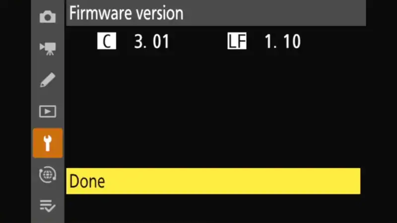 Nikon Z8 firmware version screen confirming C 3.01 and LF 1.10 with Done highlighted