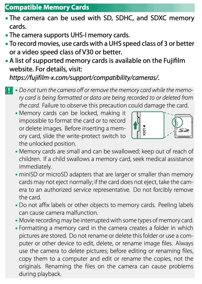 Screenshot of the page of the Fujifilm X-S10 talking about compatible memory cards.