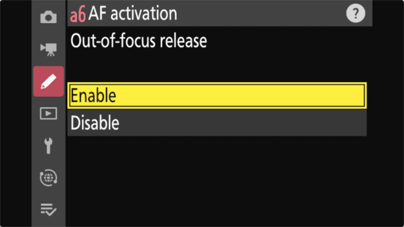 Screenshot of the Nikon Z8 menu system steps for enabling back-button autofocus