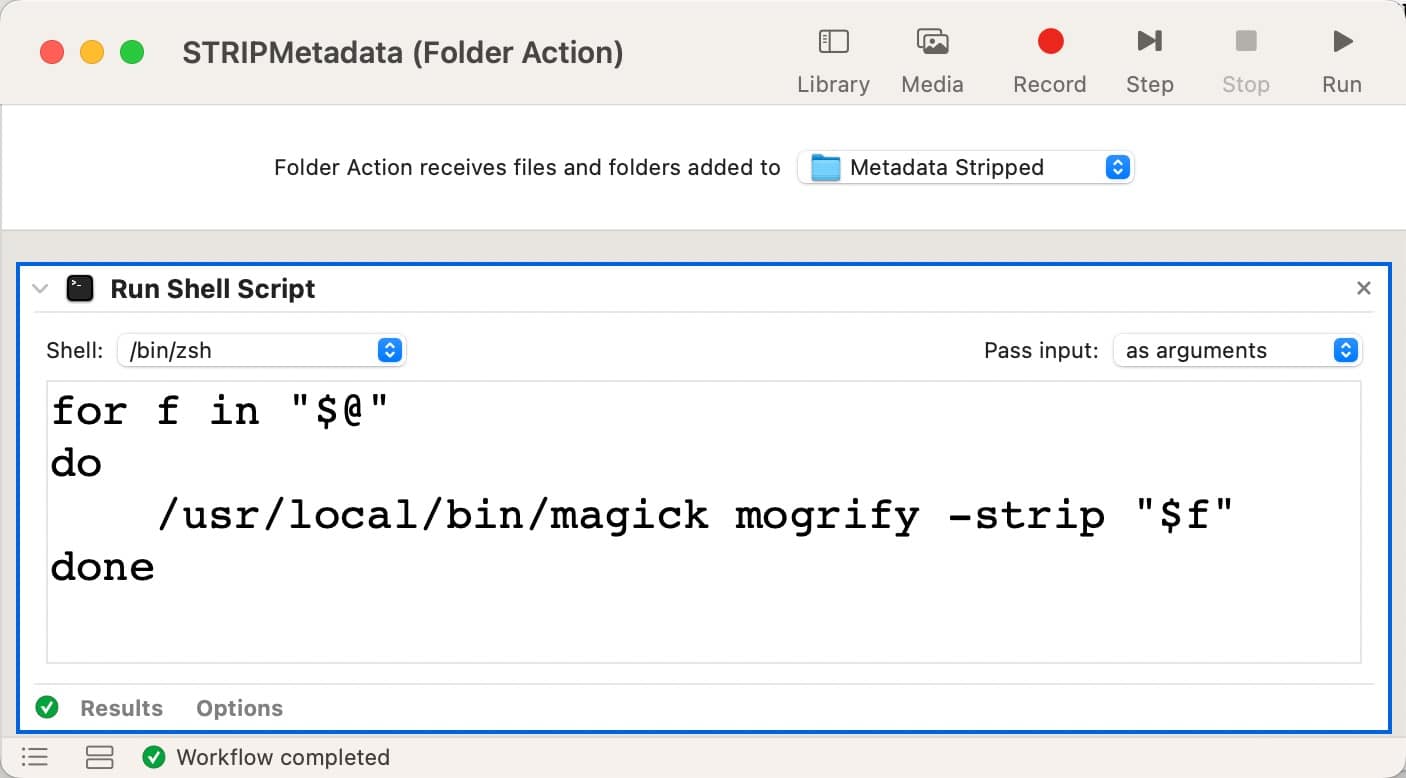 Screenshot of macOS Automator Folder Action for stripping metadata automatically