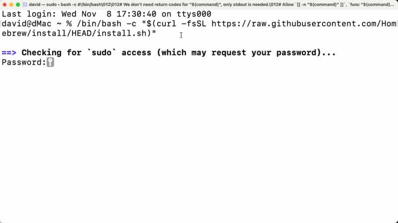 Mac Terminal window running the Homebrew install script and prompting for a sudo password