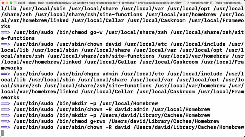 Terminal output showing Homebrew installer setting permissions and creating /usr/local/Homebrew directories
