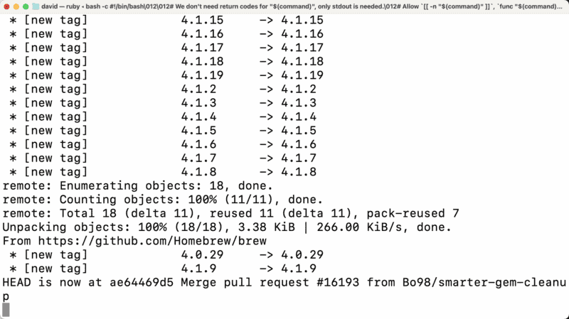Terminal showing Homebrew's git repository being updated with a list of new version tags